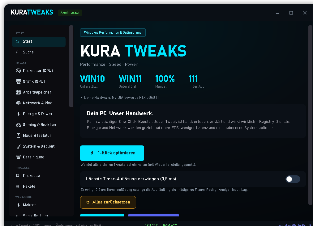 KuraTweaks App &ndash; Start-&Uuml;bersicht mit 111 Tweaks