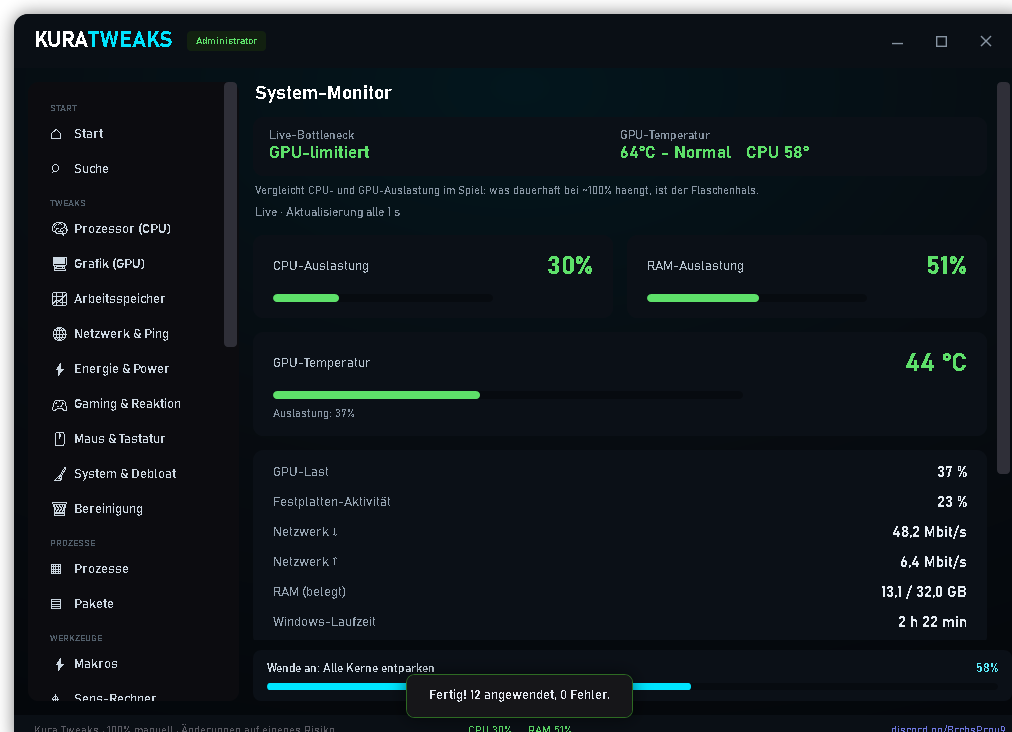 KuraTweaks App &ndash; Live-Monitor mit CPU-, RAM- und GPU-Werten